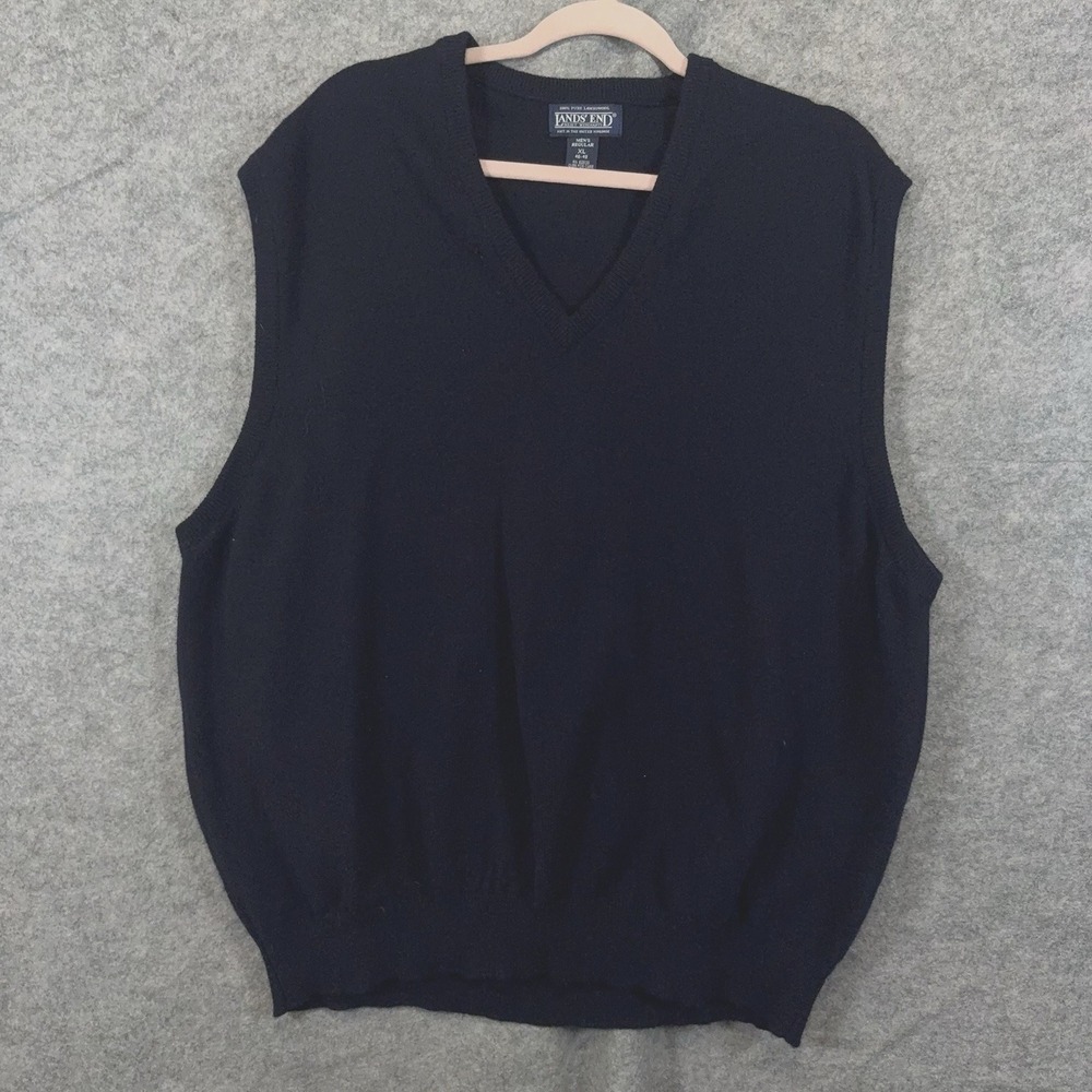 Lands End Lambswool Sweater Vest Mens XL Blue V Neck Classic Academia